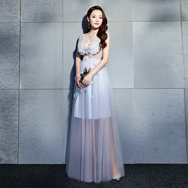 Long Beautiful Real Silk Dress Backless Transparent 3D Flora A-line