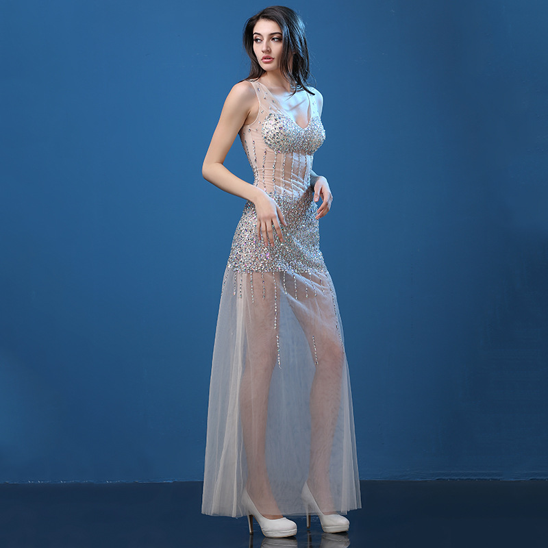 Sexy Maxi A-Line Real Silk Lady Evening Dress Shiny Stones Sexy Maxi A-Line Real Silk Lady Evening Dress Shiny Stones