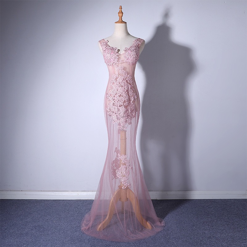 Pink Sexy Translucent Maxi Lace Dress For Women Pink Sexy Translucent Maxi Lace Dress For Women