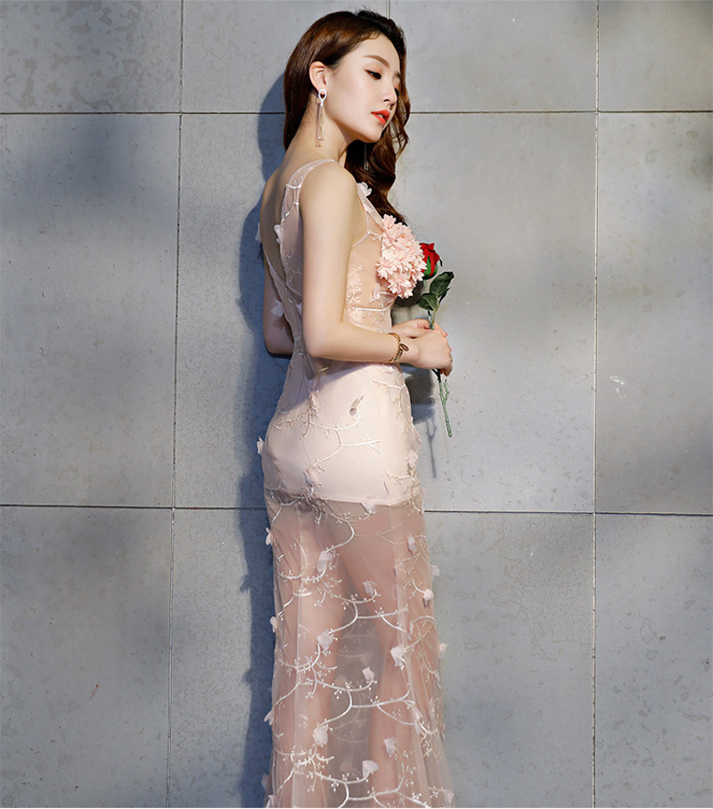 Pink Floor Length Sheer Sexy Mermaid Silk 3D Floral Lace Show Dress Pink Floor Length Sheer Sexy Mermaid Silk 3D Floral Lace Show Dress