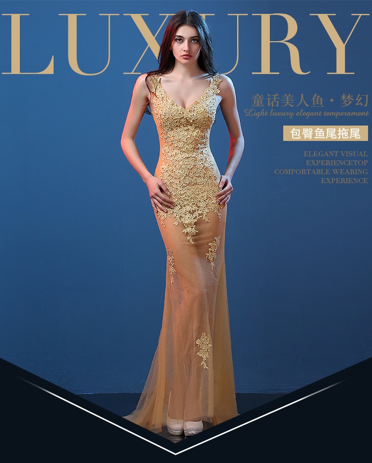 Golden Sexy Mermaid Train Silk Lace Actress Dress Maxi Transparent Golden Sexy Mermaid Train Silk Lace Actress Dress Maxi Transparent