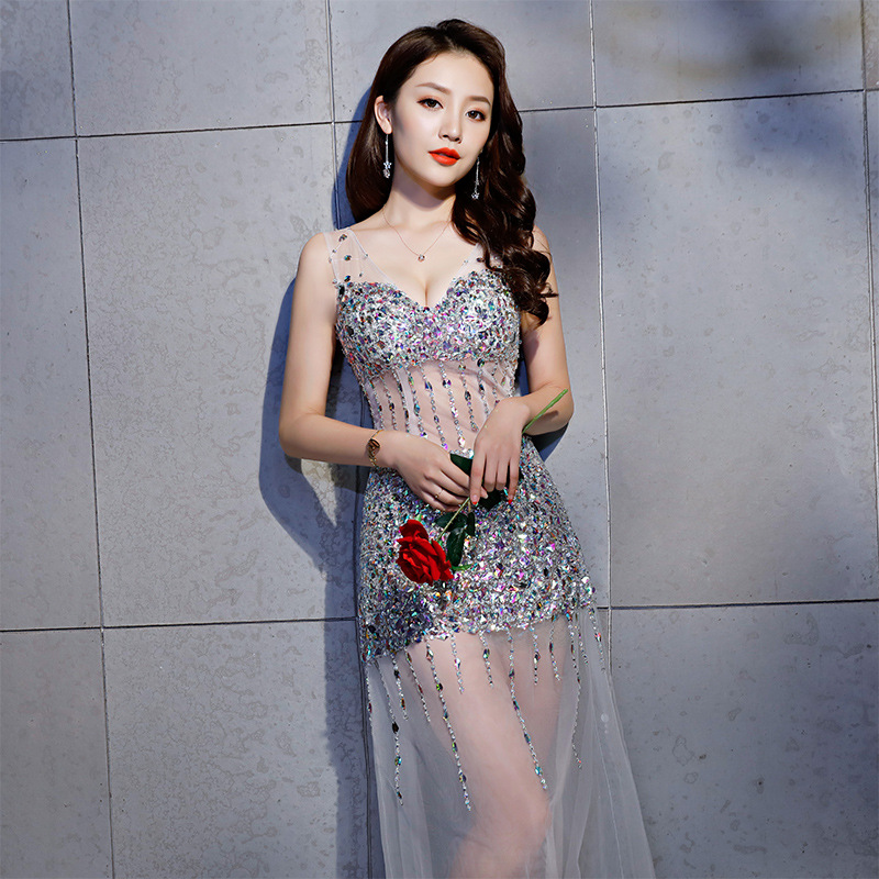 Sexy Transparent A-Line Silk Actress Dress Long Maxi Shiny Stones Sexy Transparent A-Line Silk Actress Dress Long Maxi Shiny Stones