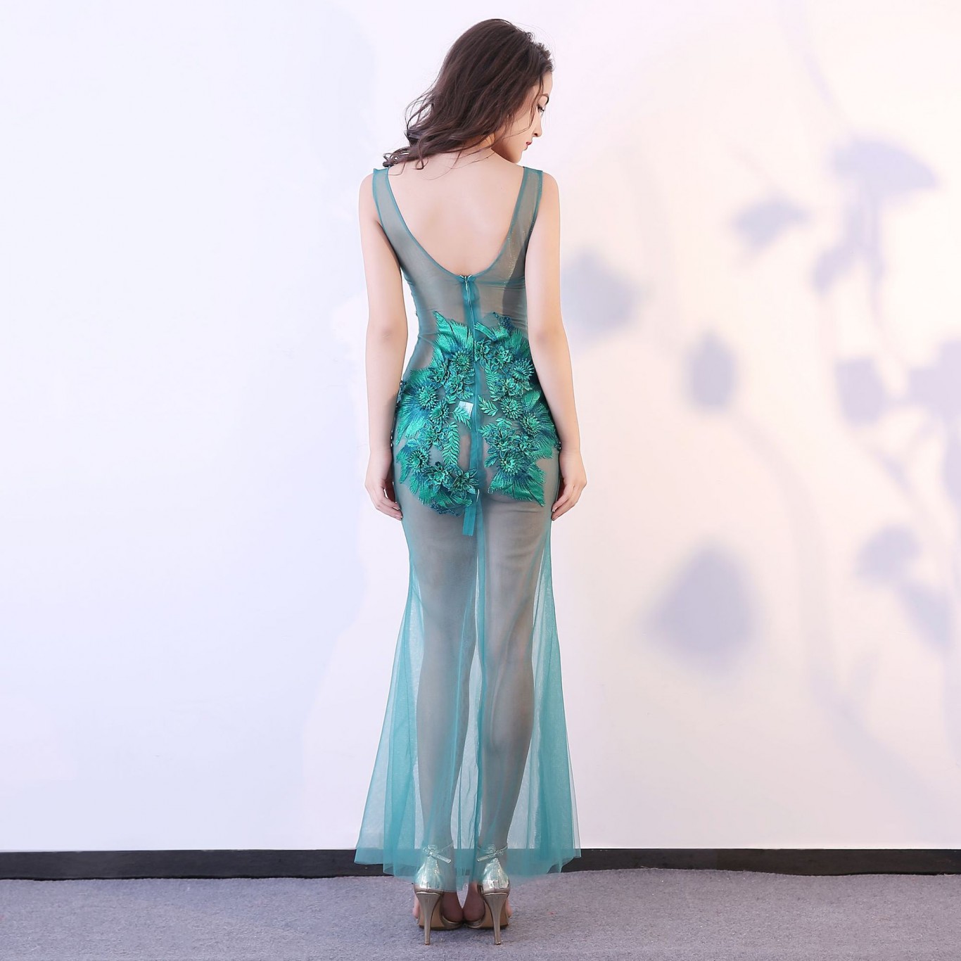 Transparent Sexy Mermaid Silk Long Actress Dress Floral Lace Transparent Sexy Mermaid Silk Long Actress Dress Floral Lace