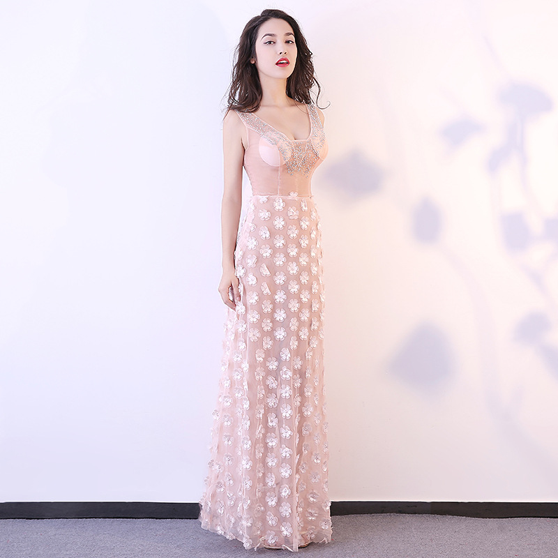 Pink Long Sexy See Through Dress For Women Real Silk Beads Floral Pink Long Sexy See Through Dress For Women Real Silk Beads Floral