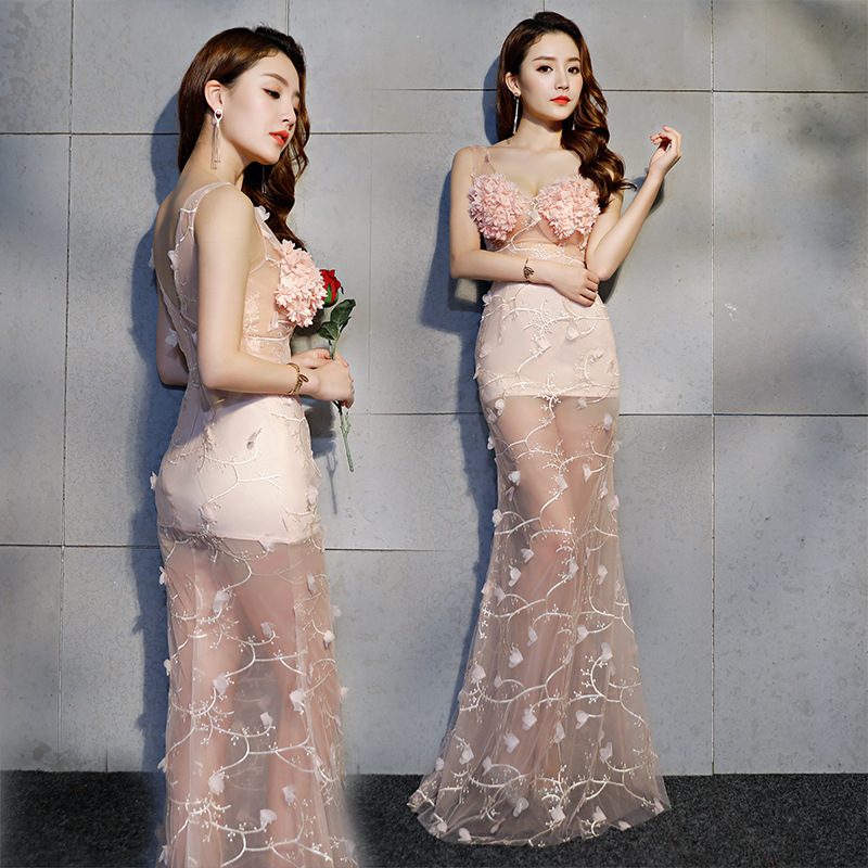 Floor Length Sheer Sexy Mermaid Silk 3D Floral Lace Show Dress Floor Length Sheer Sexy Mermaid Silk 3D Floral Lace Show Dress