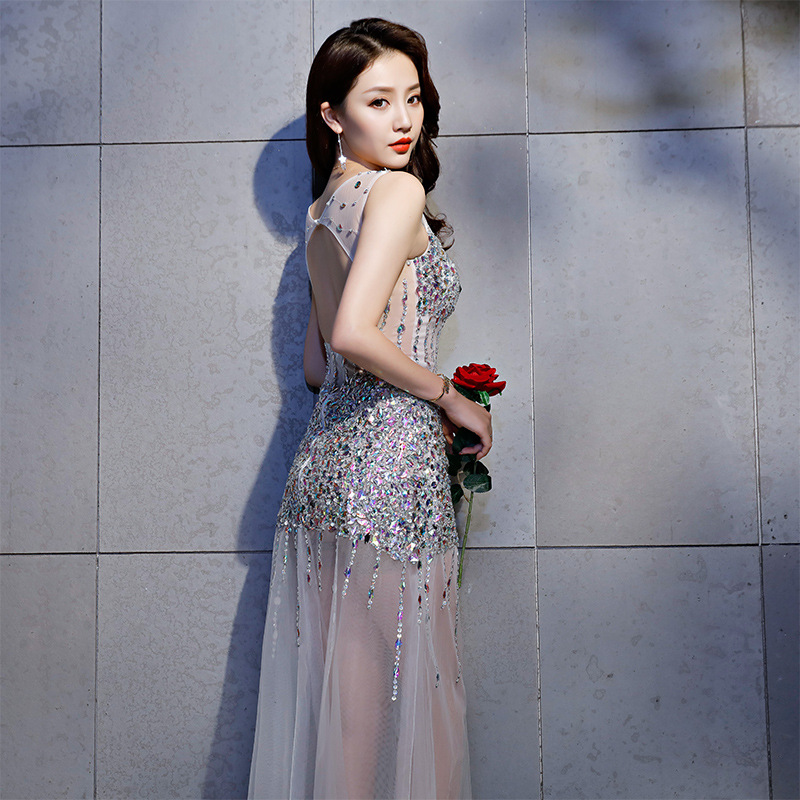 Sexy Transparent A-Line Silk Actress Dress Long Maxi Shiny Stones Sexy Transparent A-Line Silk Actress Dress Long Maxi Shiny Stones