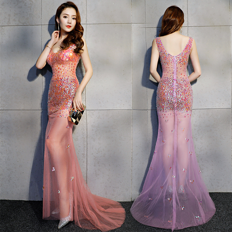 Long A-line Split Real Silk Prom Evening Dress Sequin Stone Sexy See Thr Long A-line Split Real Silk Prom Evening Dress Sequin Stone Sexy See Thr