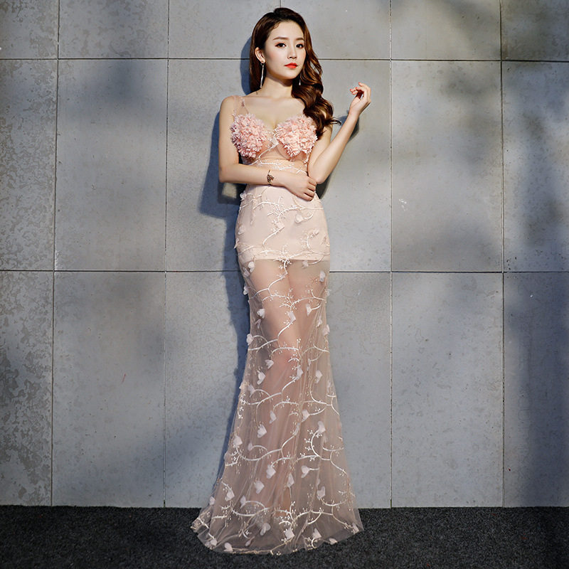 Pink Floor Length Sheer Sexy Mermaid Silk 3D Floral Lace Show Dress Pink Floor Length Sheer Sexy Mermaid Silk 3D Floral Lace Show Dress