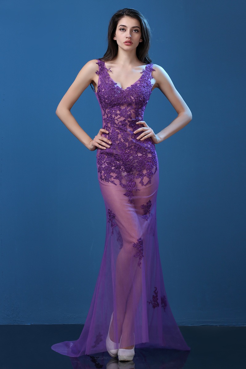 Dark Purple Sexy Mermaid Train Silk Lace Actress Dress Maxi Transparent Dark Purple Sexy Mermaid Train Silk Lace Actress Dress Maxi Transparent