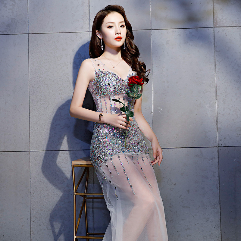 Sexy Transparent A-Line Silk Actress Dress Long Maxi Shiny Stones Sexy Transparent A-Line Silk Actress Dress Long Maxi Shiny Stones