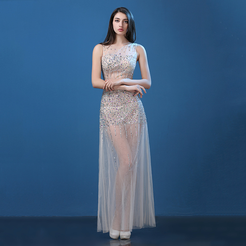 Champagne Rouond Neck Shiny Stones Maxi A-Line Silk Evening Dress Champagne Rouond Neck Shiny Stones Maxi A-Line Silk Evening Dress