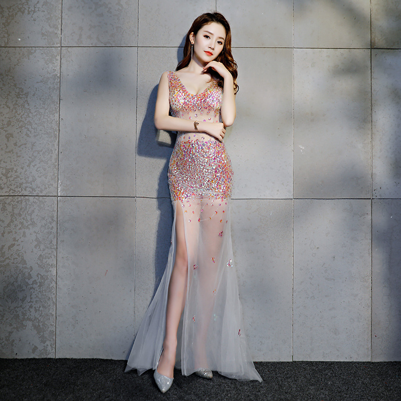 White Long A-line Split Prom Evening Dress Train Sequin Stone Sexy See Through White Long A-line Split Prom Evening Dress Train Sequin Stone Sexy See Through