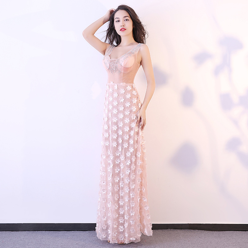 Pink Long Sexy See Through Dress For Women Real Silk Beads Floral Pink Long Sexy See Through Dress For Women Real Silk Beads Floral