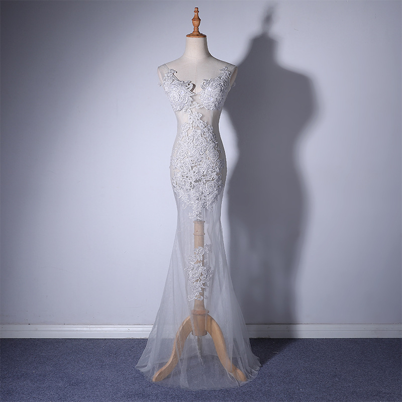 Light Gray Sexy Translucent Maxi Lace Dress For Women Light Gray Sexy Translucent Maxi Lace Dress For Women