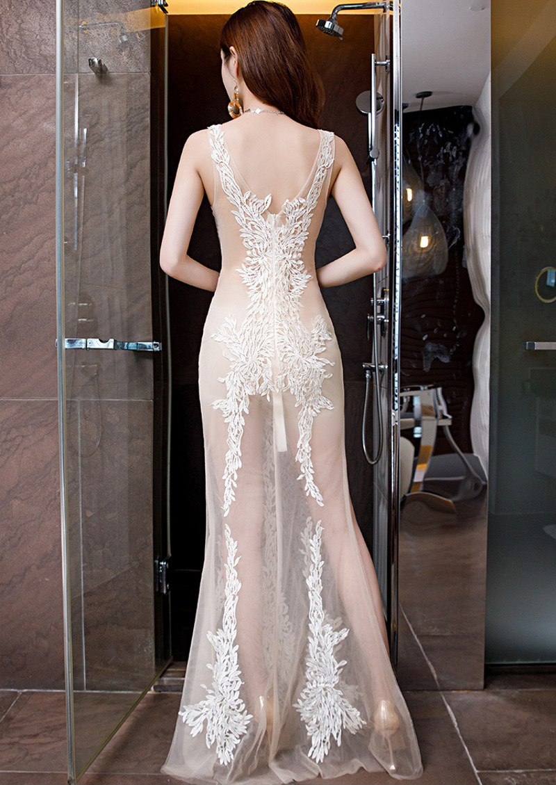 White Floor Length Translucent Silk Lace Dress White Floor Length Translucent Silk Lace Dress