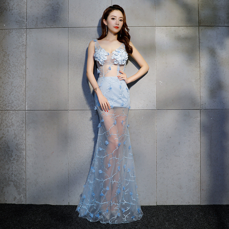 Light Blue Floor Length Sheer Sexy Mermaid Silk 3D Floral Lace Show Dress Light Blue Floor Length Sheer Sexy Mermaid Silk 3D Floral Lace Show Dress