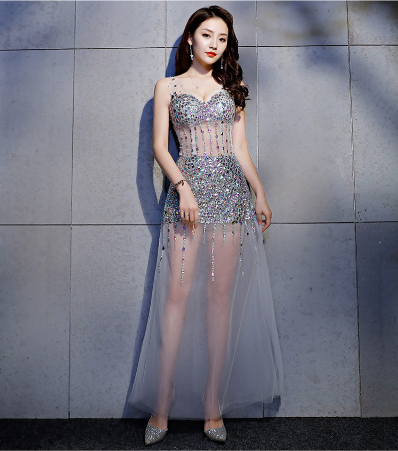 Sexy Transparent A-Line Silk Actress Dress Long Maxi Shiny Stones Sexy Transparent A-Line Silk Actress Dress Long Maxi Shiny Stones
