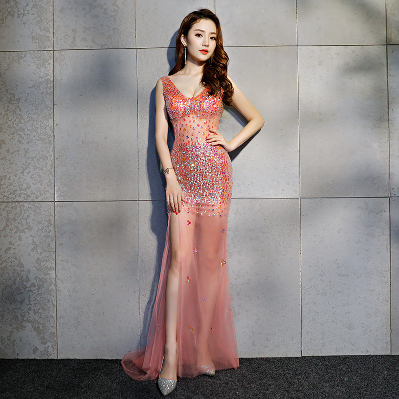 Red Long A-line Split Prom Evening Dress Train Sequin Stone Sexy See Through Red Long A-line Split Prom Evening Dress Train Sequin Stone Sexy See Through