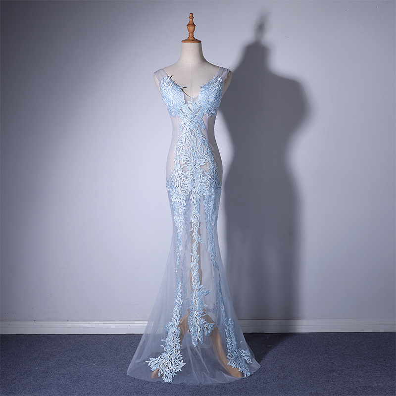 Light Blue Sexy Translucent Silk Lace Dress, Maxi, Sleeveless, Deep V-Neck Light Blue Sexy Translucent Silk Lace Dress, Maxi, Sleeveless, Deep V-Neck