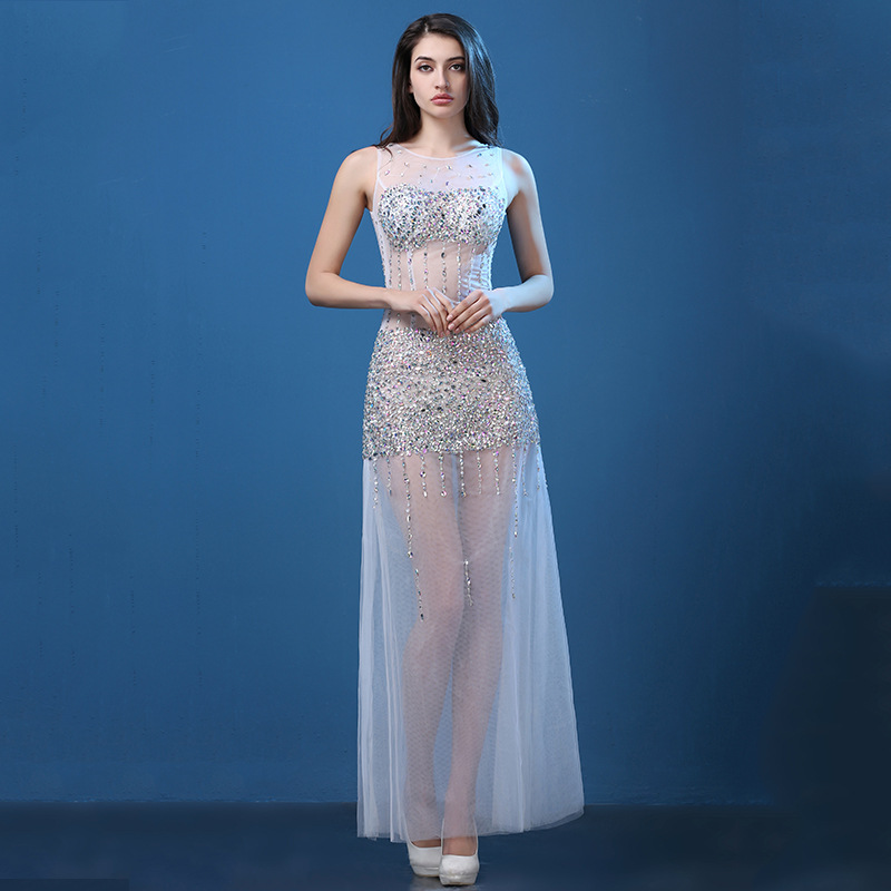 White Round Neck Shiny Stones Maxi A-Line Silk Evening Dress White Round Neck Shiny Stones Maxi A-Line Silk Evening Dress