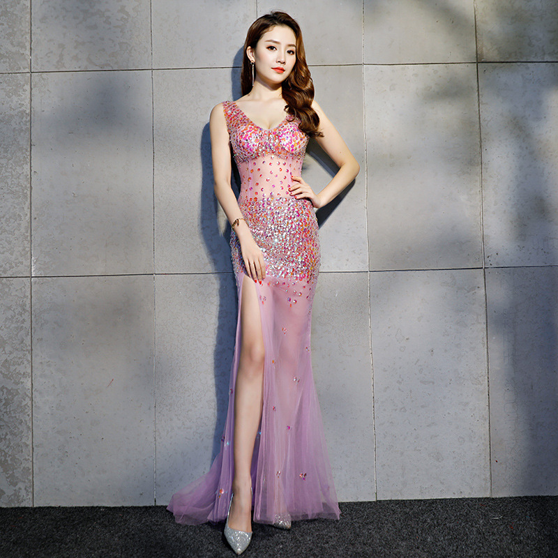 Purple Long A-line Split Prom Evening Dress Train Sequin Stone Sexy See Through Purple Long A-line Split Prom Evening Dress Train Sequin Stone Sexy See Through