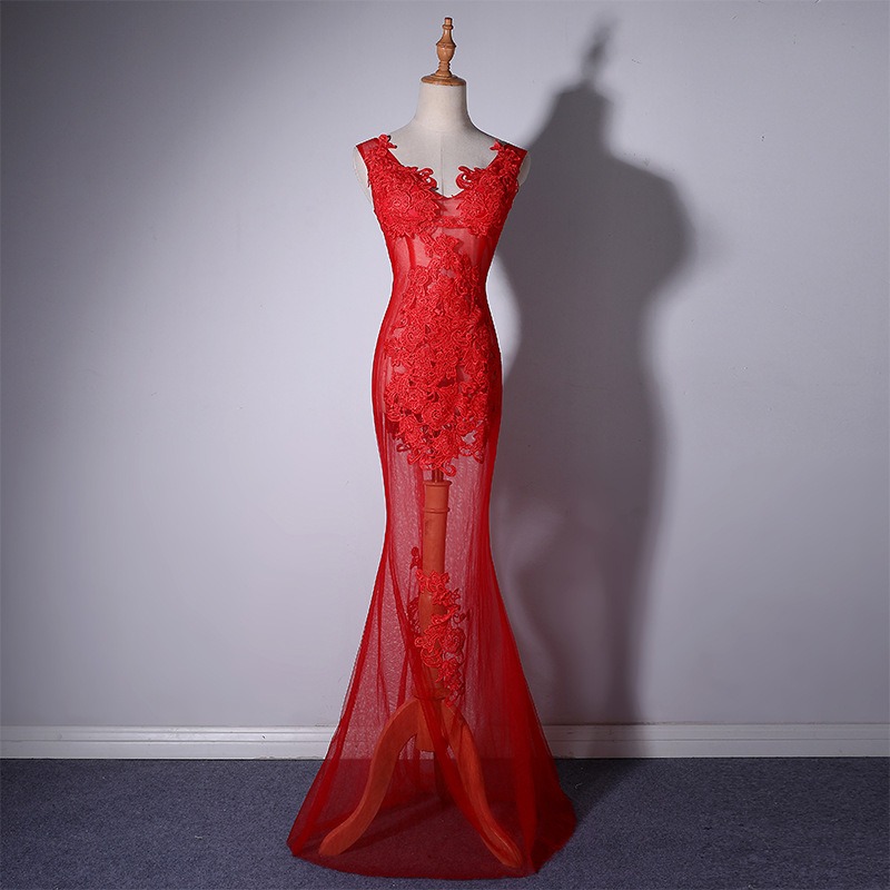 Red Sexy Translucent Maxi Lace Dress For Women Red Sexy Translucent Maxi Lace Dress For Women