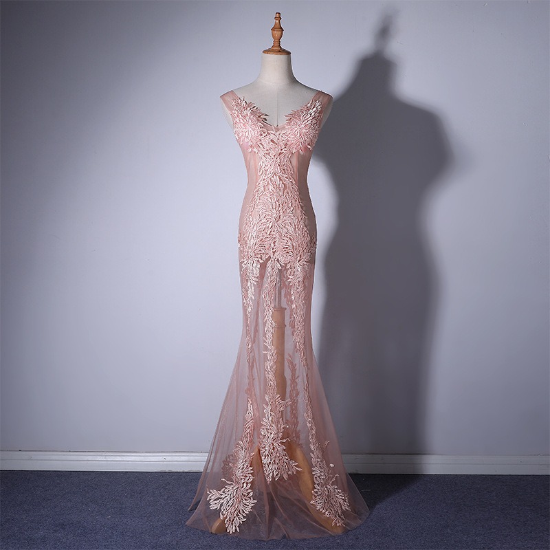 Pink Sexy Translucent Silk Lace Dress, Maxi, Sleeveless, Deep V-Neck Pink Sexy Translucent Silk Lace Dress, Maxi, Sleeveless, Deep V-Neck