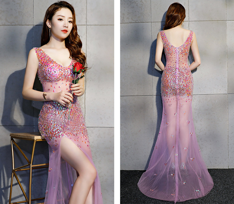 Long A-line Split Real Silk Prom Evening Dress Sequin Stone Sexy See Thr Long A-line Split Real Silk Prom Evening Dress Sequin Stone Sexy See Thr